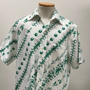 Men's White and Green Graphic Button-Down Shirt